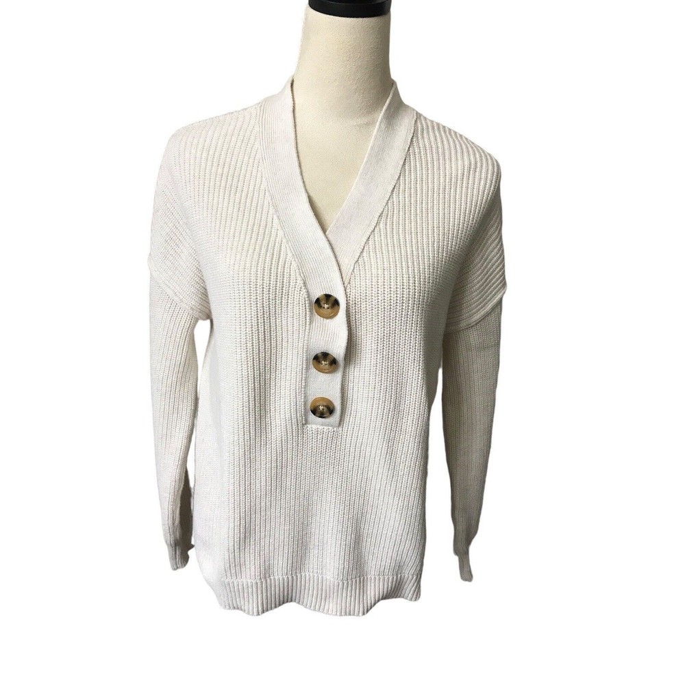 Rachel Zoe Women's Neutral Beige Ribbed Button V Neck Drop Shoulder Sweater M